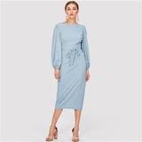 SHEIN Elegant Workwear Blue Solid Tie Waist Lantern Sleeve Boat Neck Knot Zipper Pencil Dresses Women Slim Sheath Autumn Dress