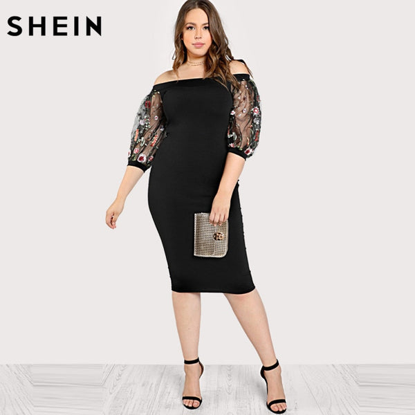 SHEIN Black Plus Size Party Summer Dress Off the Shoulder Bardot Pencil Dress Embroidered Mesh Sleeve Large Sizes Sexy Dress