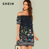 SHEIN Floral Beach Boho Bohemian Vacation Tribal Print Off the Shoulder Bardot Summer Half Sleeve Ruffle Dresses Women Dress