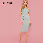 SHEIN Green Party Elegant Flounce Embellished Fitted Ruffle Spaghetti Strap Natural Waist Dress Summer Women Going Out Dresses
