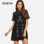 SHEIN Black Elegant Highstreet Flower Embroidery Circle Pattern O-Neck High Waist Dress 2018 Summer Women Casual Dresses