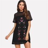 SHEIN Black Elegant Highstreet Flower Embroidery Circle Pattern O-Neck High Waist Dress 2018 Summer Women Casual Dresses