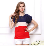 USA SIZE Large size short-sleeved chiffon shirt three-color stitching small color matching t-shirt