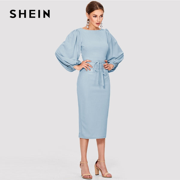 SHEIN Elegant Workwear Blue Solid Tie Waist Lantern Sleeve Boat Neck Knot Zipper Pencil Dresses Women Slim Sheath Autumn Dress